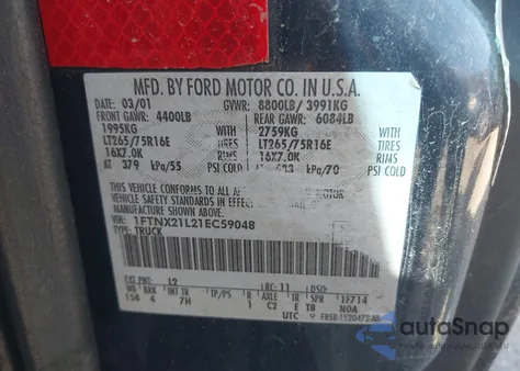 2001 Ford F-250 Lariat/Xl/Xlt from USA, damaged, VIN 1FTNX21L21EC59048